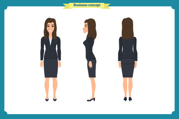 Obraz premium Set of Businesswoman character design.Front, side, back.Business girl, woman. Cartoon style, flat vector isolated.
