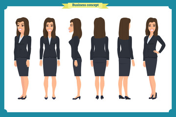 Obraz premium Set of Businesswoman character design.Front, side, back.Business girl, woman. Cartoon style, flat vector isolated.