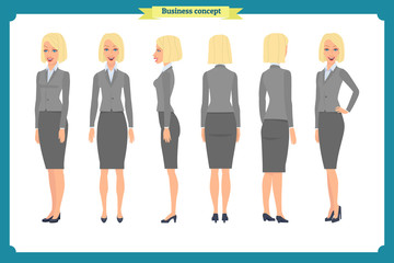 Set of Businesswoman character design.Front, side, back.Business girl, woman. Cartoon style, flat vector isolated.