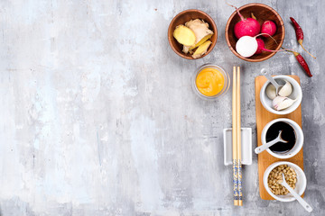 Ingredients for preparation of pickled ginger and kimchi from radish