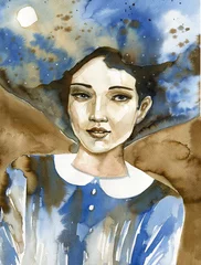 Crédence de cuisine en verre imprimé Inspiration picturale Portrait à l& 39 aquarelle d& 39 une belle femme en bleu.