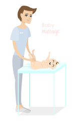 Baby massage for children. Flat isolated vector illustration. Brunette masseur in blue uniform doing massage for little boy