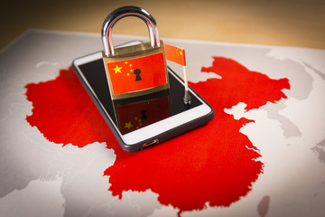 Padlock, China flag on a smartphone and China map, symbolizing the Great Firewall of China concept...