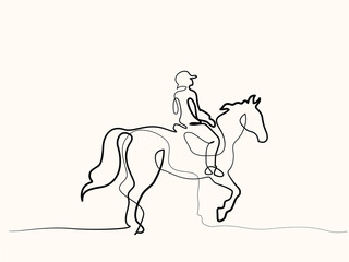 Fototapeta na wymiar Continuous one line drawing. Horse and rider on horseback logo. Black and white vector illustration. Concept for logo, card, banner, poster, flyer
