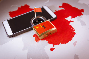 Padlock, China flag on a smartphone and China map, symbolizing the Great Firewall of China concept or GFW and all extreme Internet censorship in China - obrazy, fototapety, plakaty