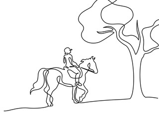 Continuous one line drawing. Horse and rider on horseback under tree. Black and white vector illustration. Concept for logo, card, banner, poster, flyer
