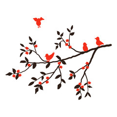 Tree branch with red flowers and birds isolated on a white background. Silhouettes. Vector illustration.