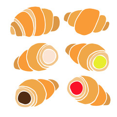 Hand drawn croissants with various fillings in a flat design on white background.