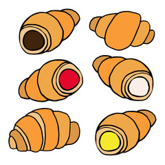 Hand drawn croissants with various fillings in a flat design.