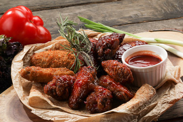 skewers of beef and chicken with sauce and pita bread on a wooden plate
