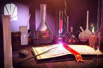 3d Illustration of Magic book, magic wand and philosopher's Stone