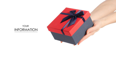 Gift box with a red lid and a blue bow in hand pattern