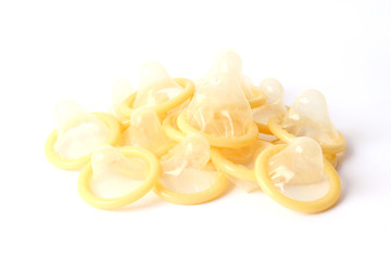 many condoms isolated on white. protection, safe sex