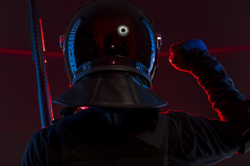 police signaling to their comrades, policeman with full equipment for anti-riot, Law enforcer in...