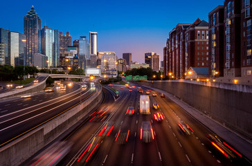 Fototapeta na wymiar Downtown Atlanta, georgia, city, night, traffic, highway, skyline