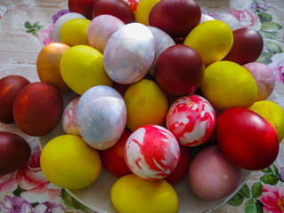 Fototapeta na wymiar Easter cakes and painted eggs for Easter in the basket.