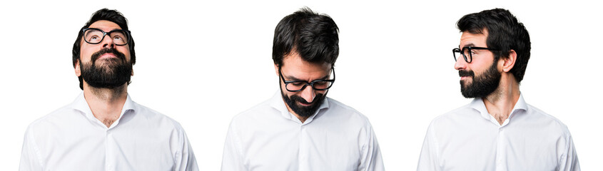 Handsome man with glasses looking down, lateral and up