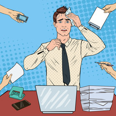 Pop Art Nervous Businessman. Stressed Multitasking Office Worker. Vector illustration