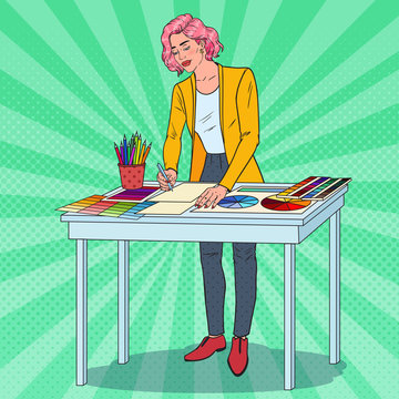 Pop Art Female Graphic Designer with Working Tools. Creative Illustrator Concept. Vector illustration