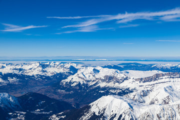 Fototapeta na wymiar View on Chamonix Valley from Aiguille du Midi viewpoint. Haute-Savoie, France.