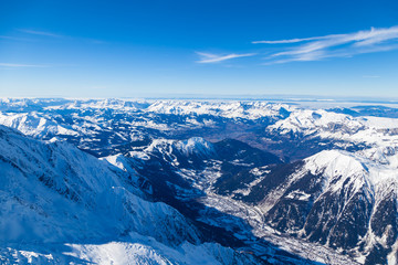 View on Chamonix Valley from Aiguille du Midi viewpoint. Haute-Savoie, France.
