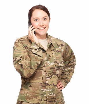 Female Soldier On Cell Phone.