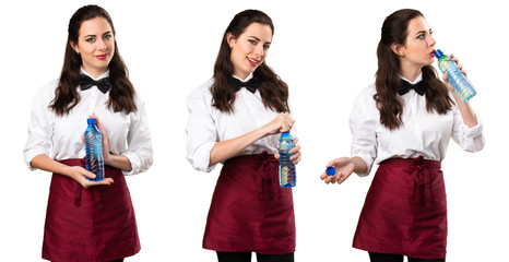 Set of Young beautiful waitress with a bottle of water