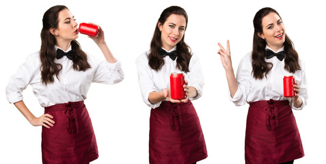 Fototapeta premium Set of Young beautiful waitress with a can