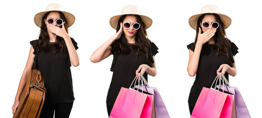 Set of Beautiful young girl  with shopping bag covering her ears, mouth and eyes