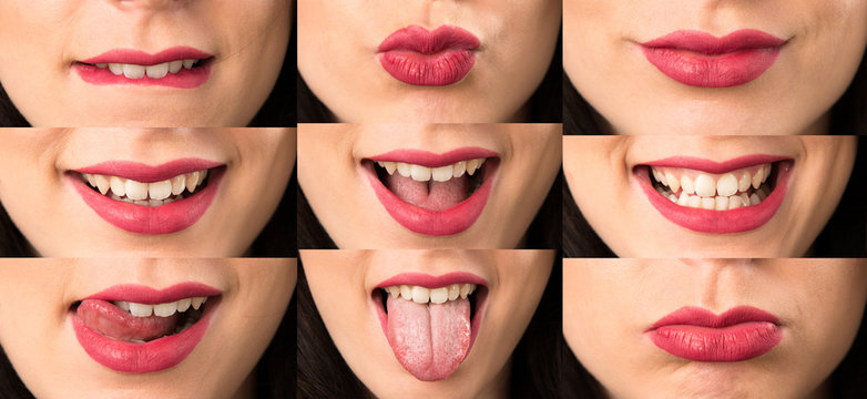 Set of Macro Close up lips of young woman