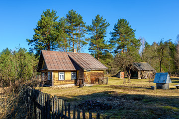 old wooden country house in the Russian outback village at dawn in the pine forest.  Ecological tourism and recreation