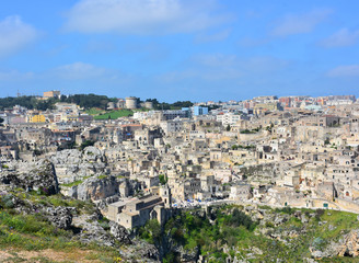 Fototapeta na wymiar Italy, Basilicata, Matera, city of stones, Unesco heritage, capital of European culture 2019. Panorama from the Belvedere.