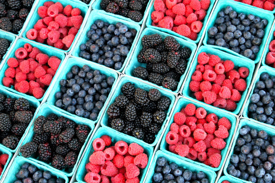 Mixed Berries at Farmers' Market in California (Blackberry, Raspberry, Blueberry)
