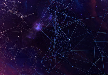 Abstract futuristic background with polygonal plexus shapes consisting dots and lines on the starry sky or space. 3D illustration