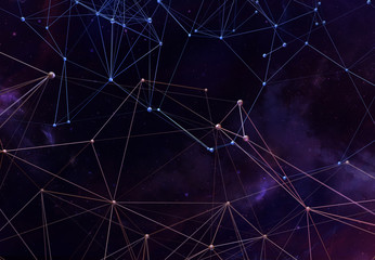 Abstract futuristic background with polygonal plexus shapes consisting dots and lines on the starry sky or space. 3D illustration