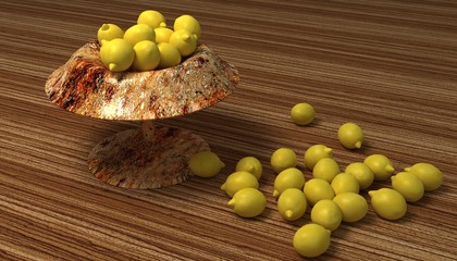 Lemons on a wooden floor and a kayak vase