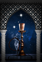 Hookah on a beautiful oriental background with an arch, smoke