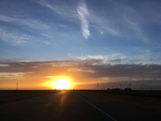 Road of the state of Texas in the United States at sunset