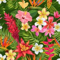 Selbstklebende Fototapeten Watercolor Tropical Flowers and Palm Leaves Seamless Pattern. Floral Hand Drawn Background. Exotic Blooming Plumeria Flowers Design for Fabric, Textile, Wallpaper. Vector illustration © wooster