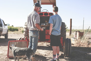Man teaching boy how to fix a tractor on their farm