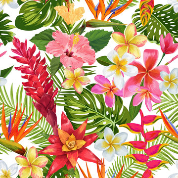 Watercolor Tropical Flowers and Palm Leaves Seamless Pattern. Floral Hand Drawn Background. Exotic Blooming Plumeria Flowers Design for Fabric, Textile, Wallpaper. Vector illustration