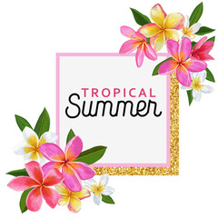 Summertime Floral Poster. Tropical Plumeria Flowers Design with Golden Frame for Invitation, Banner, Flyer, Brochure. Hello Summer Watercolor Botanical Card. Vector illustration