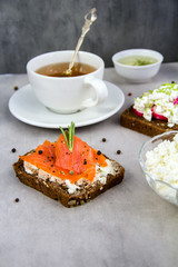 The morning Breakfast bruschetta with cottage Cheese Tea with herbs