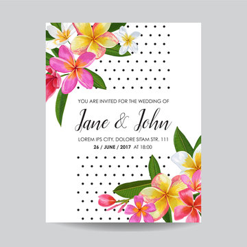 Wedding Invitation Template with Pink Plumeria Flowers. Tropical Floral Save the Date Card. Exotic Flower Romantic Design for Greeting Postcard, Birthday, Anniversary. Vector illustration