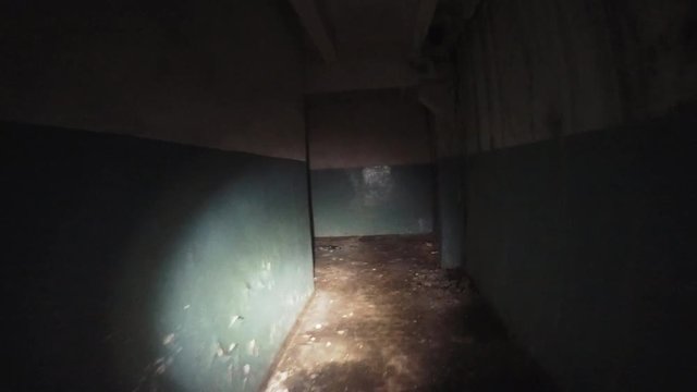 Moving through dark creepy corridor. First person view, going with flashlight in dirty grungy tunnel in abandoned building, horror escape concept, toned