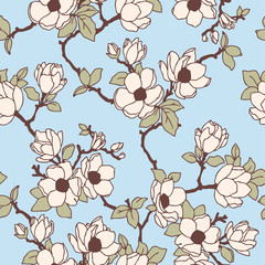 Seamless pattern. Almond blossom branches. Vintage botanical hand drawn illustration. Spring flowers of apple or cherry tree.