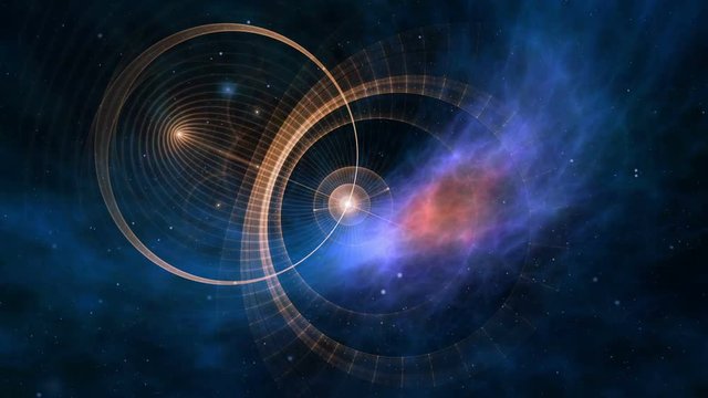 Fantasy, journey through space and time. Deep space, colorful nebula, star fields and ancient nautical instrument. Vintage motion background.  Animation, abstract illustration, seamless loop