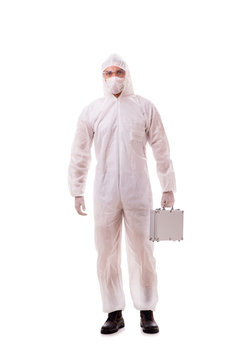Criminologist In Protective Suit With Steel Case
