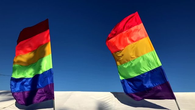 Gay pride rainbow flag banners flying above white festival tent with palm tree shadows in bright blue sky