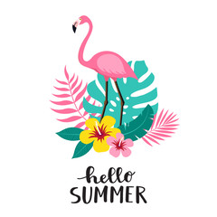 Flamingo bird with exotic tropical leaves and flowers. Hello summer lettering. Vector illustration